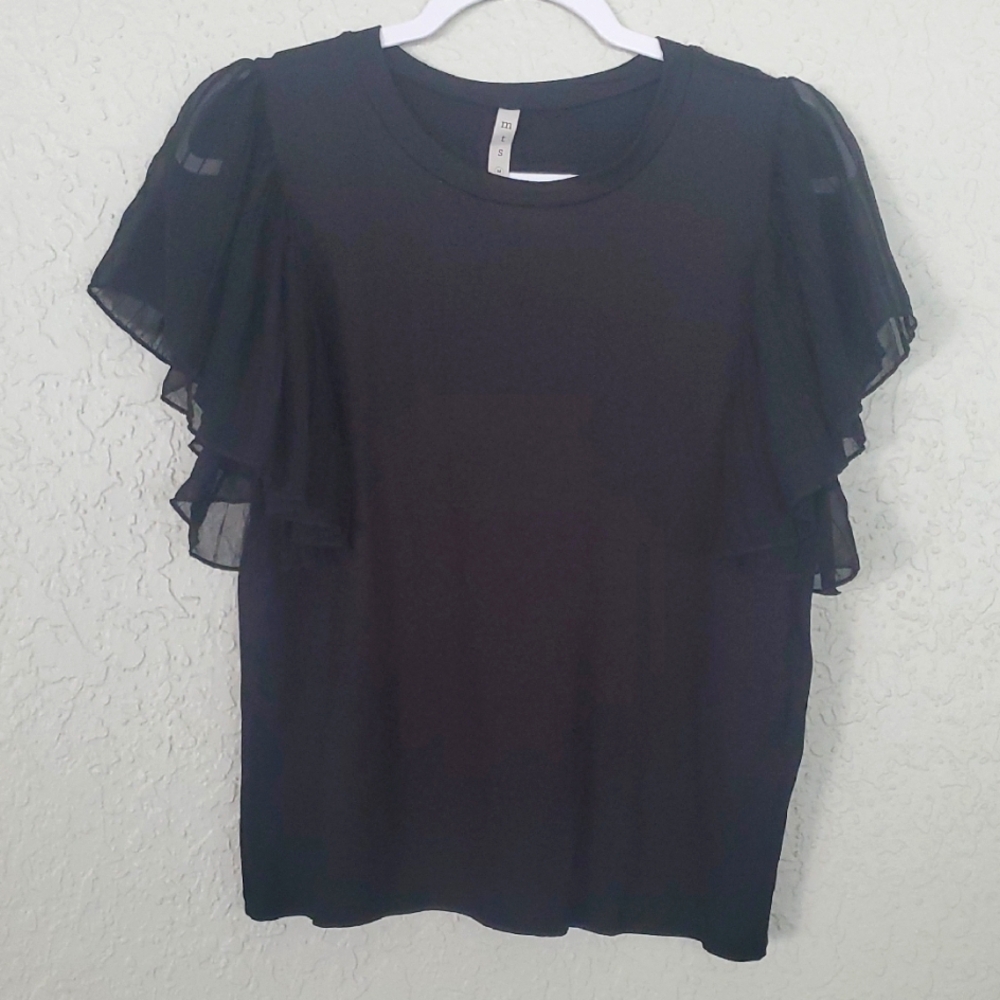 MTS Black Flutter Sleeve Ruffled Blouse